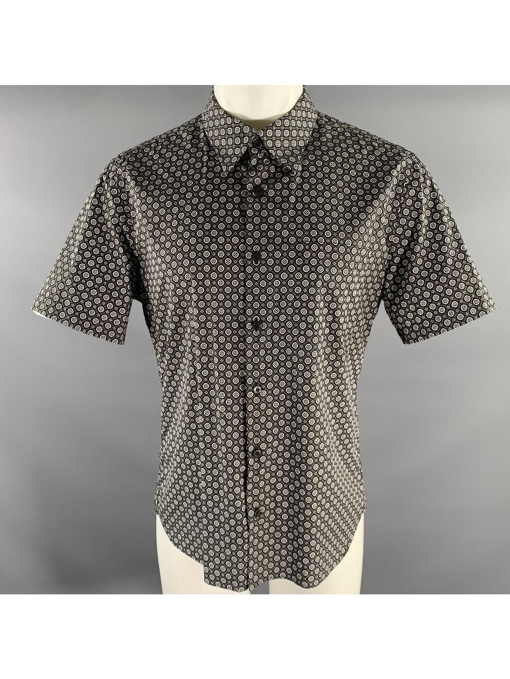 PRADA Size M Grey Black White Geometric Short Sleeve Shirt